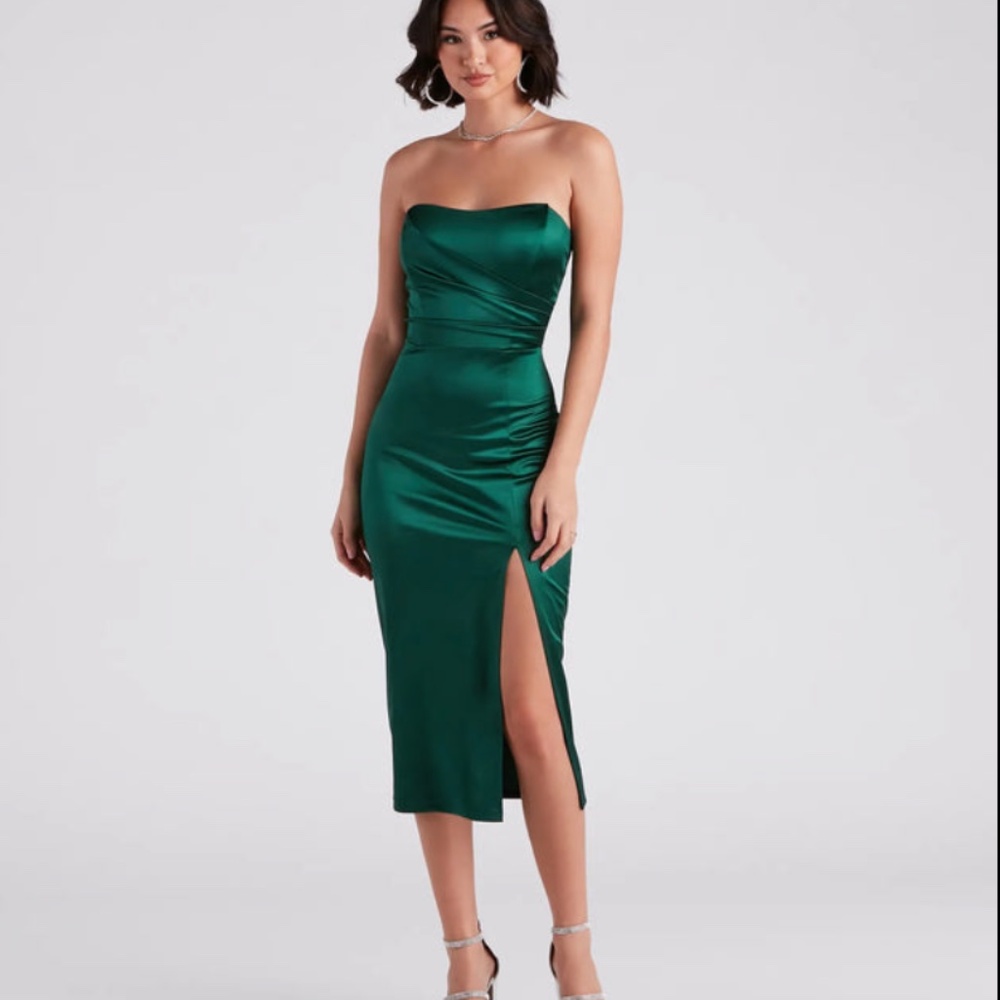 NWT Windsor XS Hunter Green Casey Strapless Midi Dress Satin Side Slit Prom